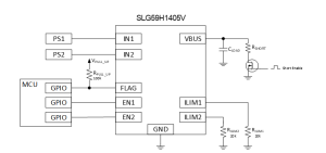 Figure 19. Connection diagram of using the SLG59H1405V in PowerMUX applications Power MUX – safely and easily controlling the switching between different power sources